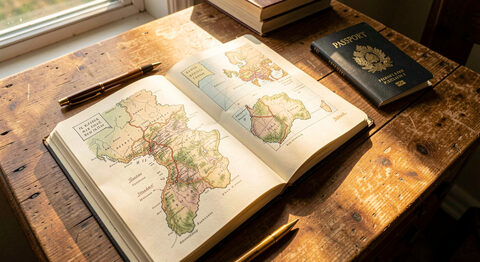 Un bureau en bois avec un carnet ouvert, une carte dessinée à la main et un passeport