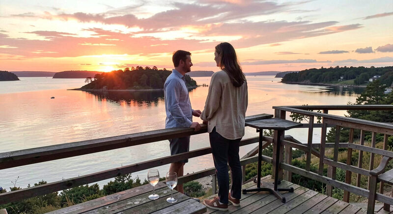 A couple standing on a wooden deck at sunset overlooking a calm bay, two glasses resting on a table.