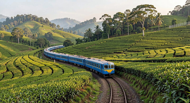 A blue train curving through green tea plantations in the Sri Lankan highlands.